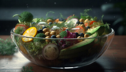 Obraz na płótnie Canvas Fresh salad bowl with organic veggies, fruit variation, and lemon generated by AI