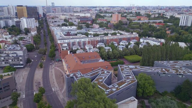 Fabulous aerial top view flight 
Jewish Museum city Berlin Libeskind Building, Germany Summer day 2023. ascending drone
4K Cinematic.