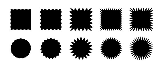 Zig zag edge square and circle shapes collection. Jagged patches set. Black graphic design elements for decoration, banner, poster, template, sticker, badge, collage. Vector illustration