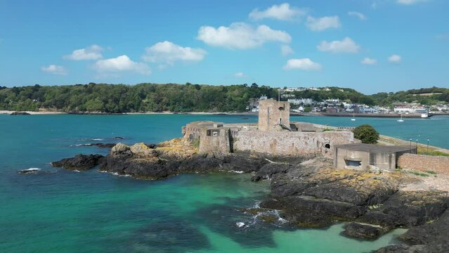St. Aubin's Fort, Jersey drone,aerial overflying tower 4K footage