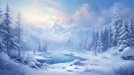 Fototapeta na wymiar Beautiful Winter Wallpaper. Snowy Landscape Backdrop Illustration. Generative AI.
