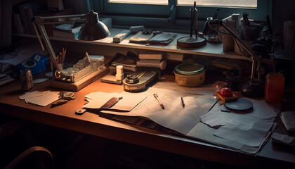 Expert carpenter crafting antique leather shoes with old fashioned tools indoors generated by AI