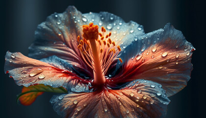 Obraz premium Vibrant hibiscus blossom in tropical climate, adorned with raindrop dew generated by AI
