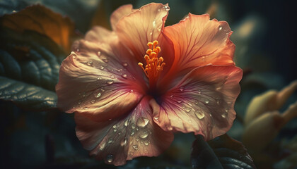 Vibrant hibiscus blossom in tropical garden, dew drops glistening generated by AI