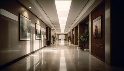 Modern architecture illuminates empty corridor with futuristic glass features generated by AI