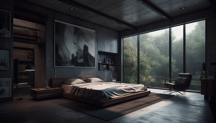 Cozy modern bedroom with comfortable bedding and illuminated electric lamp generated by AI