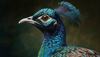 Obraz premium Vibrant peacock portrait showcases elegance and beauty in nature generated by AI