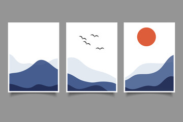 Set of modern boho minimal landscape aesthetic illustration poster design, hand drawn mountain landscape