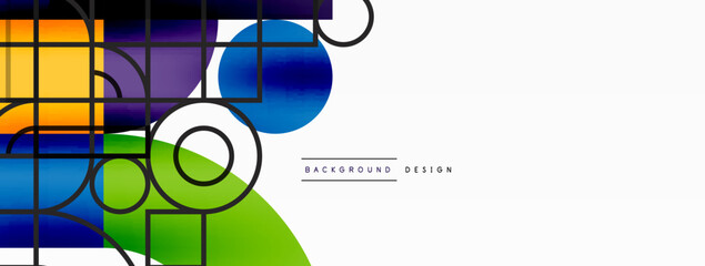 Circle and square geometric background. Round shapes with squares and triangles composition for wallpaper, banner, background or landing