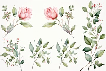 set of Watercolor floral frame border with pink rose
