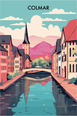France Colmar village canal view landscape brochure. Abstract buildings and bridge beautiful vector flat poster of Alsace region	 - obrazy, fototapety, plakaty