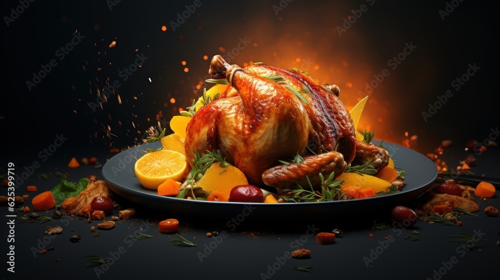 Wall mural happy thanksgiving with roasted chicken, traditional food for celebrating turkey christmas dinner. g