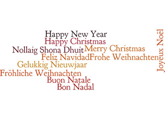 Digital png illustration of happy christmas texts in different languages on transparent background