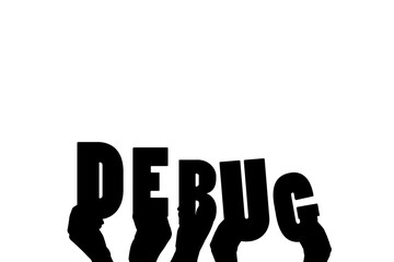 Digital png silhouette of hands holding debug text on transparent background