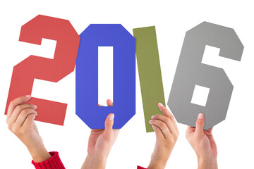 Digital png illustration of hands holding 2016 numbers on transparent background