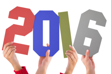 Digital png illustration of hands holding 2016 numbers on transparent background