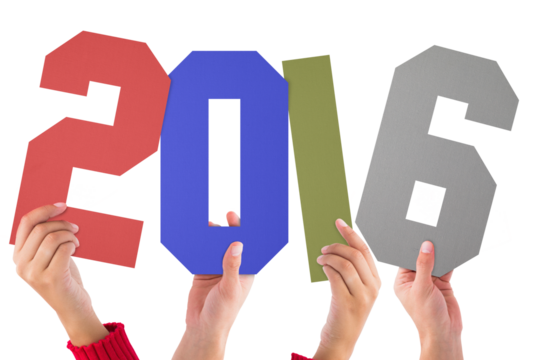 Digital png illustration of hands holding 2016 numbers on transparent background