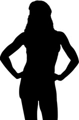 Digital png outline of woman standing and wearing hat on transparent background