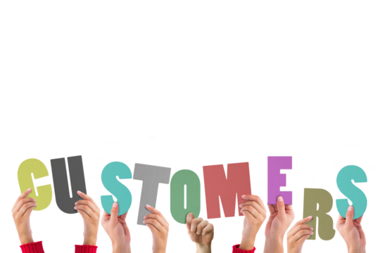 Digital png illustration of hands with customers text on transparent background - Powered by Adobe