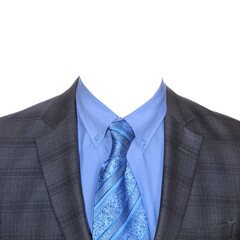 Business men's suit with a blue shirt and a blue tie. Clothing for montage.