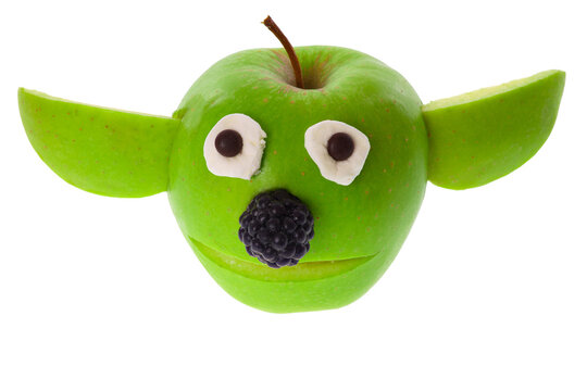 Funny apple yoda, isolated on a transparent or white background. Concept for kids to set for healthy eating. Suitable for children's birthday parties.