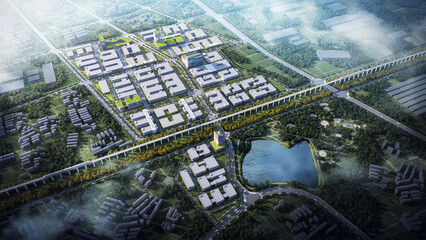 A set of captivating aerial renderings showcasing the industrial park from different perspectives,...