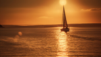 Obraz na płótnie Canvas Sailing yacht glides on tranquil seas, back lit by sunset generated by AI