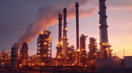 Fototapeta premium Industrial chimneys in the evening light, global warming, toxic air at sunset. industry. Generative Ai