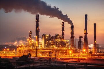 Fototapeta premium Industrial chimneys in the evening light, global warming, toxic air at sunset. industry. Generative Ai