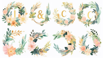 Obraz na płótnie Canvas Whole Gold Green Floral Alphabet Set Collection with peach pink white gold blue yellow botanic flower branch bouquets composition. Wedding invitations, baby shower, birthday, Generative AI.