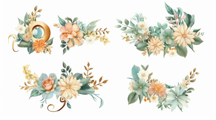 Whole Gold Green Floral Alphabet Set Collection with peach pink white gold blue yellow botanic flower branch bouquets composition. Wedding invitations, baby shower, birthday, Generative AI.