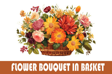 Bright flower bouquet in basket isolated over vector art.