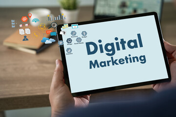 Digital Marketing Network Datum Businessman team hands at work with financial reports and a laptop cyberspace global marketing success analysis Business technology: Digital transformation concept
