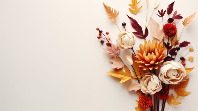 Happy Thanksgiving Day Background, Autumn Flowers Composition. Generative Ai