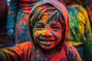 Fototapeta premium Happy Indian boy celebrate the colorful festival of Holi in India. Generative Ai