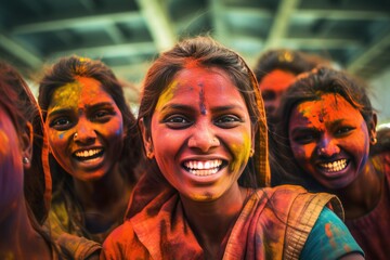 Happy Indian girls celebrate the colorful festival of Holi in India. Generative Ai