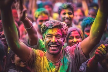 Obraz na płótnie Canvas Happy Indians celebrate the colorful festival of Holi in India. Generative Ai