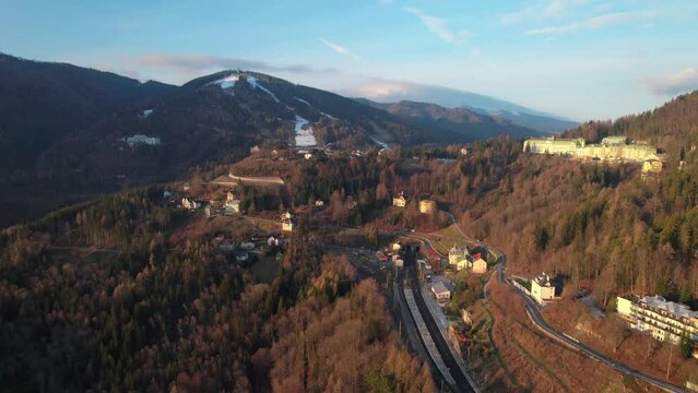 Hill station Semmering lower Austria ski resort, aerial drone view, golden hour