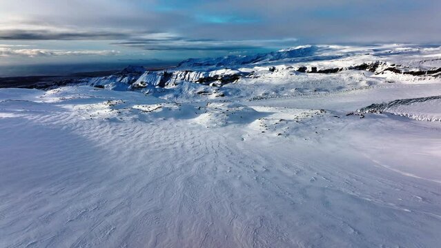 Aerial panoramic landscape view of Myrdalsjokull glacier covered in snow in Iceland, at dusk