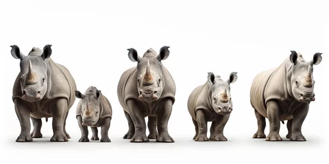 Zelfklevend Fotobehang Wildlife Safari Africa Rhinos Banner Panorama - Collection of Rhino (Rhinoceros unicornis) Family in Various Poses - Standing, Sitting, Lying, with Young Baby - Isolated on White Background © Asad