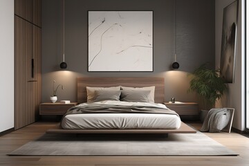 A mid - century modern bedroom with a geometric accent wall, a platform bed, and vintage decor. generative ai