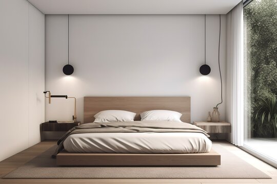 A mid - century modern bedroom with a geometric accent wall, a platform bed, and vintage decor. generative ai