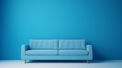Soft blue sofa on blue background, flat Modern minimalistic living room interior