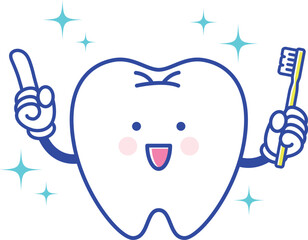 歯ブラシ持った指差しする歯のキャラクター