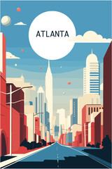 USA United States of America Atlanta abstract street view panorama banner. Travel guide Georgia state city flat vector brochure retro style.