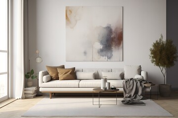 Stylish mint sofa, furnishings, mock up poster map, plants, and attractive personal accessories decorate this contemporary Scandinavian living room. Generative AI