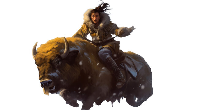 american bison in the snow, a female and a giant bison, Ai digital illustration, Generative AI