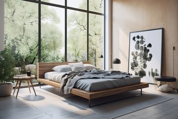 Modern apartment interior of family hotel room with grey oak wood furniture, single, double king size bed. Contemporary bedroom with open big window, green garden sunset view door. Generative AI