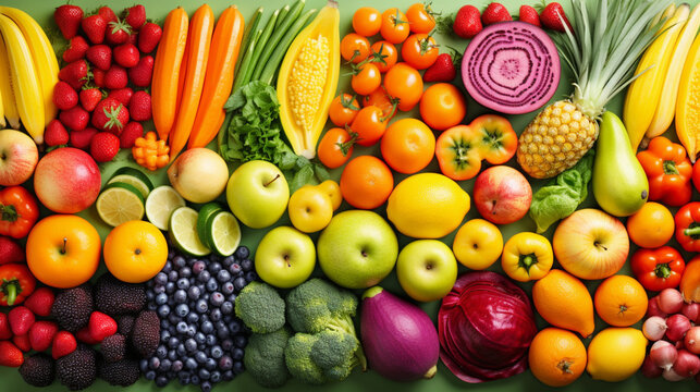 Assortment of fresh organic fruits and vegetables in rainbow colors, Generative AI.