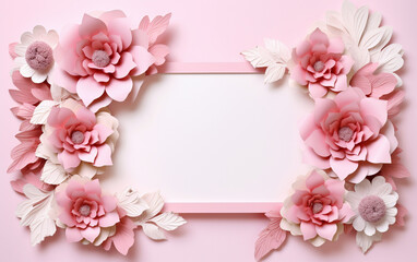 A pink and white paper photo frame with flowers on it